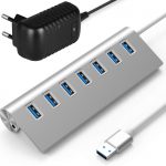 Hub USB 3.0 7-Ports en Aluminium avec 5V/4A 20W Adaptateur Secteur, Compatible Windows PC Laptop iOS Macbook