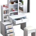 Bureau de Maquillage sans Miroir éclairé, Coiffeuse sans lumières, 4 tiroirs de Rangement et étagères, étagères cachées derrière Le Coussin du Miroir