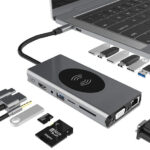 HUB Dongle avec charge sans fil, adaptateur de station d'accueil 13 en 1 avec HDMI 4K, VGA, 2 x USB 3.0, USB C 3.0&2.0, RJ45 Ethernet, PD 100 W, SD/TF et AUX 3,5 mm, compatible avec MacBook Pro