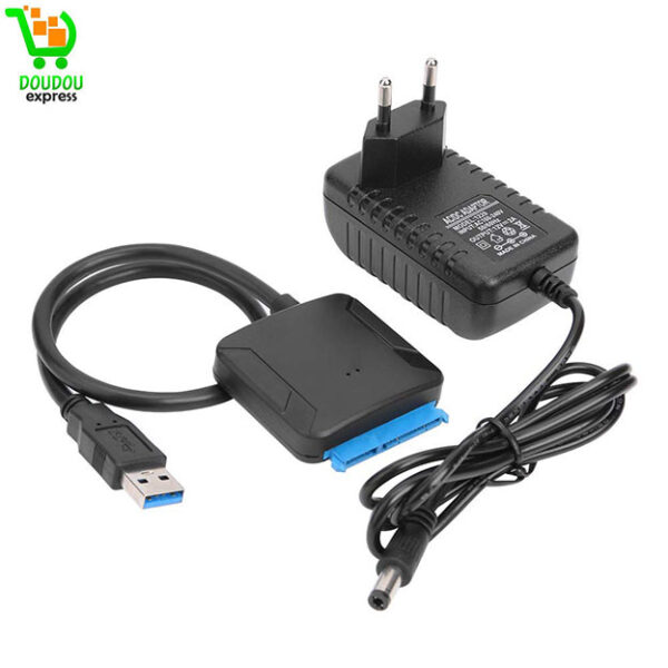 Câble adaptateur de disque dur USB 3.0 SATA III vers USB 3.0 pour disque dur UASP, câble adaptateur de disque dur SSD 2,5"/1,8"/2,5/3,5", compatible UASP avec alimentation DC 12V (Cable+Charger)