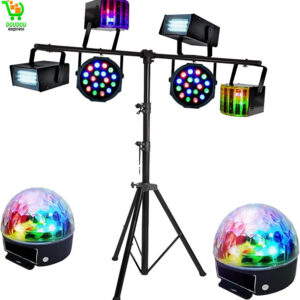 Ensemble de 8 jeux de lumière compacts et puissants + 1 portique acier robuste - idéal soirée dansante PA DJ SONO MIX LED