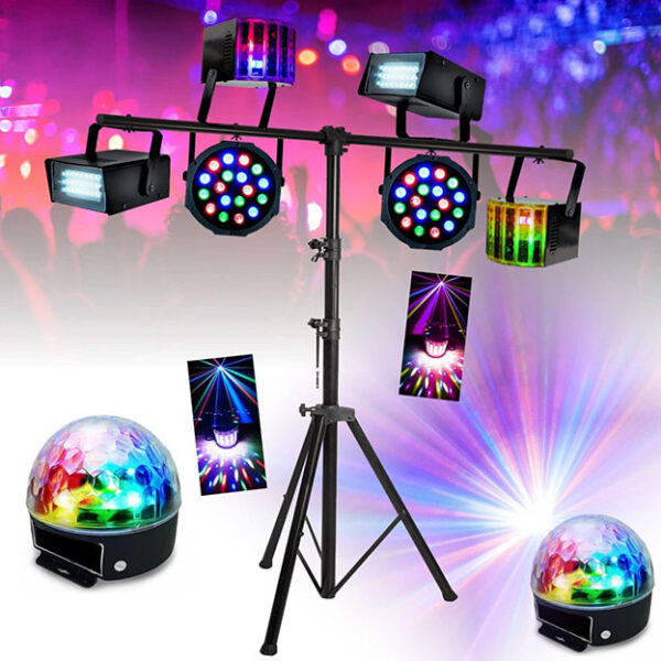 Ensemble de 8 jeux de lumière compacts et puissants + 1 portique acier robuste - idéal soirée dansante PA DJ SONO MIX LED – Image 2