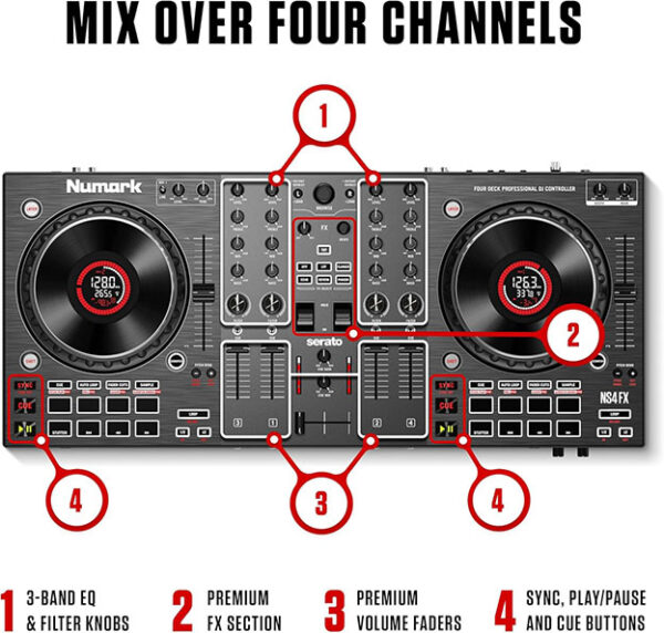 Contrôleur DJ 4 Canaux, Platines DJ Tactiles avec Écran, Pads et Effets Sonores, Sorties Cabine et Principale – Image 2