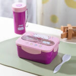 Boîte à lunch en plastique avec tasse et fourchette, boîte à bento portable pour enfants, contenant de conservation des aliments