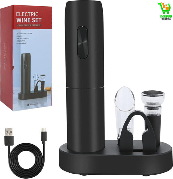 Ouvre-bouteille de vin électrique avec base de chargement - Noir, ouvre-bouteille automatique avec lumière LED, kit tire-bouchon rechargeable avec aérateur, coupe-capsule, bouchons