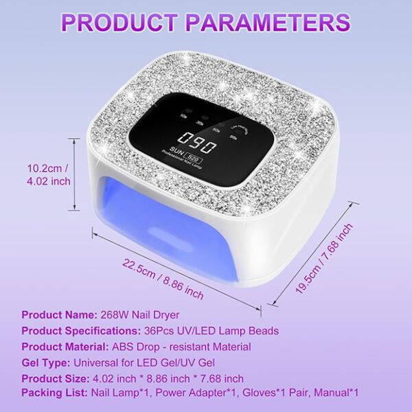 Lampe à ongles LED UV, séchoirs et gants de 268 W, lumière UV diamant pour vernis à ongles gel, lampe gel de polyester à séchage rapide avec capteur à 4 minuteries, écran tactile de 36 – Image 4
