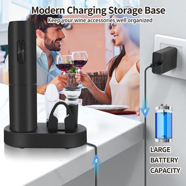 Ouvre-bouteille de vin électrique avec base de chargement - Noir, ouvre-bouteille automatique avec lumière LED, kit tire-bouchon rechargeable avec aérateur, coupe-capsule, bouchons – Image 2