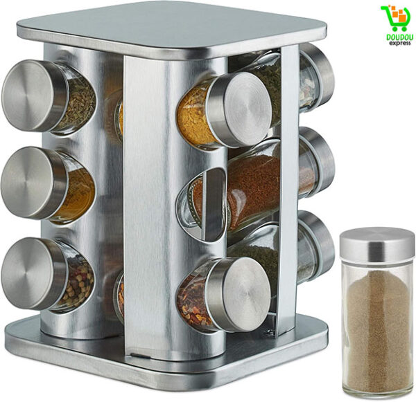 Étagère à épices Relaxdays avec 12 pots à épices, rechargeable, avec insert électrique, plateau tournant, acier inoxydable – Image 2