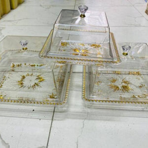 Série de 3 plateaux de services transparent avec couvercle Présentoir à gâteaux avec couvercle, plateau de service de style européen pour cuisine, mariage, anniversaire, base en or blanc  | Présentoirs et assiettes à gâteaux de mariage | Fournitures de mariage