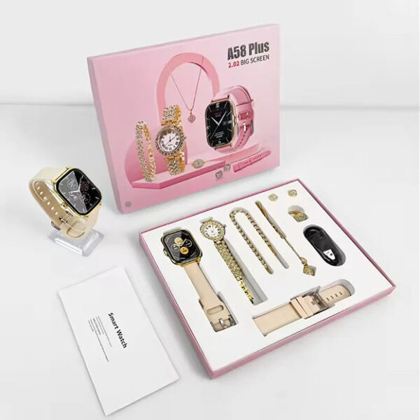 A58 femmes montre intelligente cadeau + montre à Quartz diamant + collier + boucles d'oreilles + bague + Bracelet Bluetooth appel sport Smartwatch – Image 2