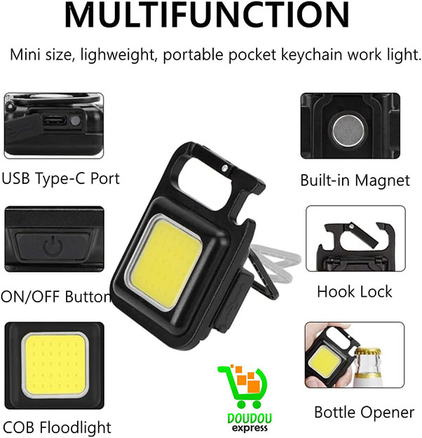 Porte-clés LED Lampe de Poche, USB Rechargeable Petite COB Lampe de Travail Multifonctionnelle avec Aimant et Support, 4 Modes, Mini Lampe Torche étanche Portable pour Réparation Camping D'urgence – Image 3