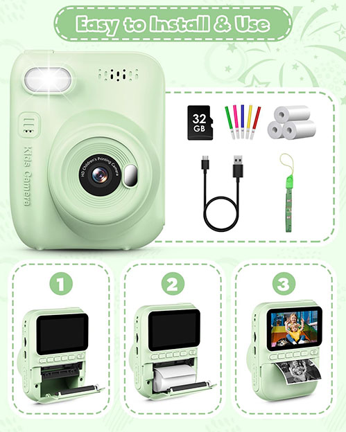 Appareil photo à impression instantanée pour enfants, écran HD de 3", photo numérique instantanée 32 MP, cadeau de Noël, d'anniversaire, jouets pour tout-petits, filles, garçons âgés de 3 à 12 ans, – Image 2