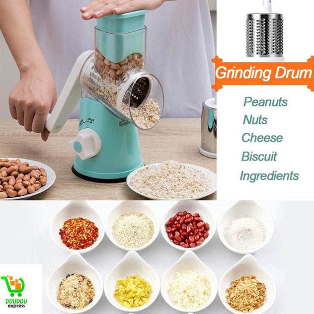 Rotative Mandoline Coupe Légumes Manuel Multifonctions,Râpe à Oignon,Ustensiles de Cuisine Professionnelle avec 3 Lames Cylindriques,Ail Chou Carotte Fromage Pomme Terre Fruits Salade Concombre,Vert – Image 2