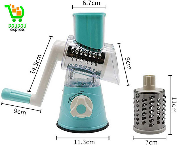 Rotative Mandoline Coupe Légumes Manuel Multifonctions,Râpe à Oignon,Ustensiles de Cuisine Professionnelle avec 3 Lames Cylindriques,Ail Chou Carotte Fromage Pomme Terre Fruits Salade Concombre,Vert – Image 3