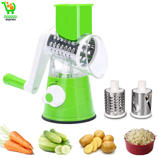 Rotative Mandoline Coupe Légumes Manuel Multifonctions,Râpe à Oignon,Ustensiles de Cuisine Professionnelle avec 3 Lames Cylindriques,Ail Chou Carotte Fromage Pomme Terre Fruits Salade Concombre,Vert