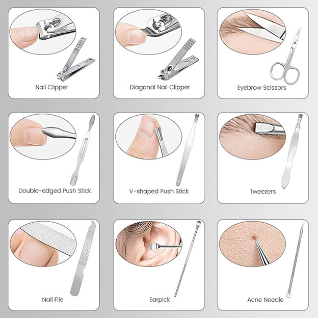 Ensemble de manucure, ensemble de tondeuse à ongles 9 en 1, ensemble de pédicure de manucure en acier inoxydable, kit de toilettage professionnel pour les ongles pour les femmes, outils d'entretien de coupe-ongles, avec étui de voyage portable de luxe noir – Image 2