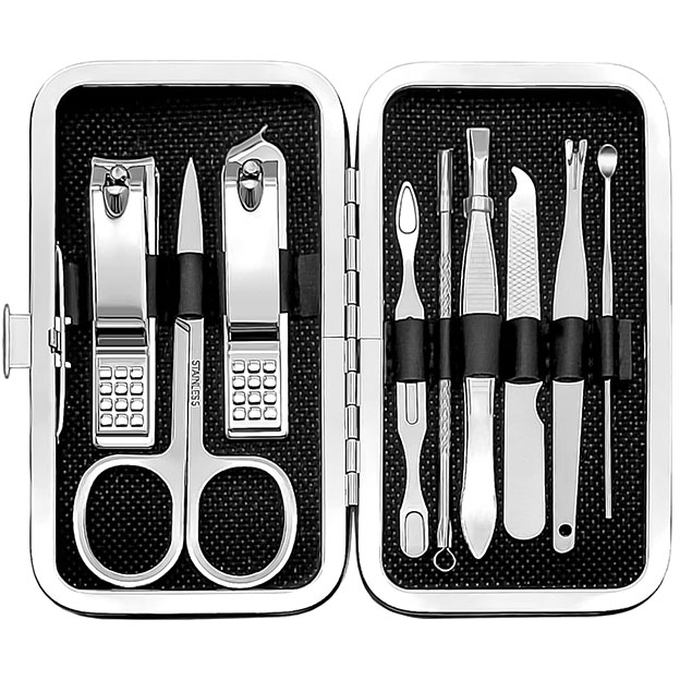 Ensemble de manucure, ensemble de tondeuse à ongles 9 en 1, ensemble de pédicure de manucure en acier inoxydable, kit de toilettage professionnel pour les ongles pour les femmes, outils d'entretien de coupe-ongles, avec étui de voyage portable de luxe noir