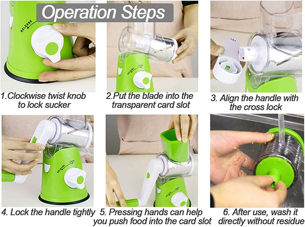 Rotative Mandoline Coupe Légumes Manuel Multifonctions,Râpe à Oignon,Ustensiles de Cuisine Professionnelle avec 3 Lames Cylindriques,Ail Chou Carotte Fromage Pomme Terre Fruits Salade Concombre,Vert – Image 4