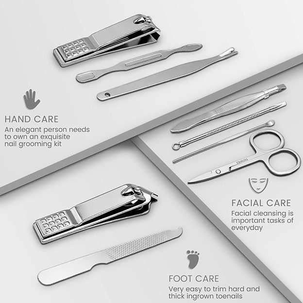 Ensemble de manucure, ensemble de tondeuse à ongles 9 en 1, ensemble de pédicure de manucure en acier inoxydable, kit de toilettage professionnel pour les ongles pour les femmes, outils d'entretien de coupe-ongles, avec étui de voyage portable de luxe noir – Image 3