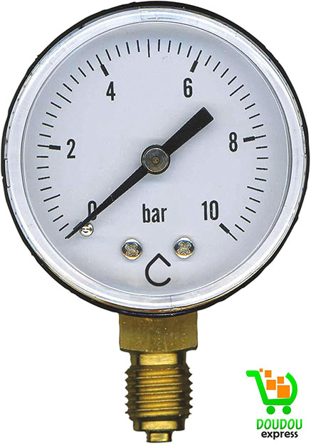 Manomètre 8/13 Mâle 10 bar - Raccordement radial - Cadran Ø50mm - Précision classe 1,6 - Fluide non corrosif - Boîtier ABS anti-choc - Verre plexiglas