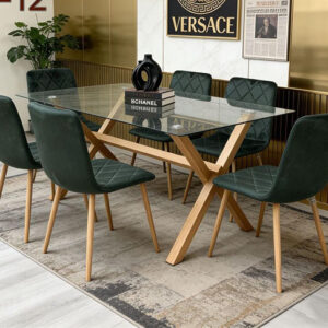 Ensemble table et chaises de salle à manger Hallowood Furniture Cullompton, 6 pièces, en verre rectangulaire, pieds croisés effet bois et revêtement en similicuir taupe. Idéal pour la maison ou un café.