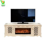 Meuble TV Classique Avec Cheminée Électrique – Crème Sculpté & Rangements Intégrés