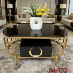 Table Basse Design Ovale – Plateau Noir Brillant & Base Dorée Artistique