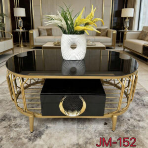 Table Basse Design Ovale – Plateau Noir Brillant & Base Dorée Artistique