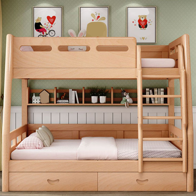 Lit enfant en bois massif naturel Lit superposé avec garde-corps et matelas - Lit Enfant avec Bibliothèque Non l 120 x L 190 cm – Image 2