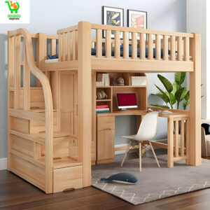 Lit mezzanine en bois massif scandinave avec rangement naturel pour enfants et garde-corps