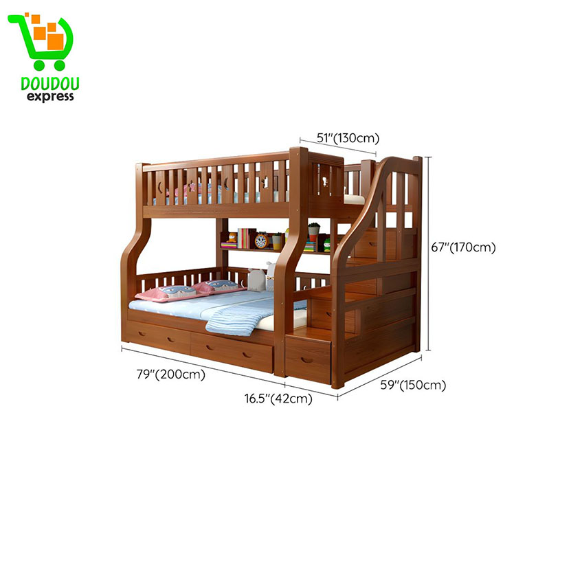 Lit superposé standard en bois massif pour enfants neutres avec tiroirs et matelas - l 150 x L 200 cm Lits Supérieur&Tiroirs&Matelas&Bibliothèque&Armoires à Échelle – Image 3