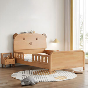 Lit standard contemporain en bois massif naturel avec garde-corps