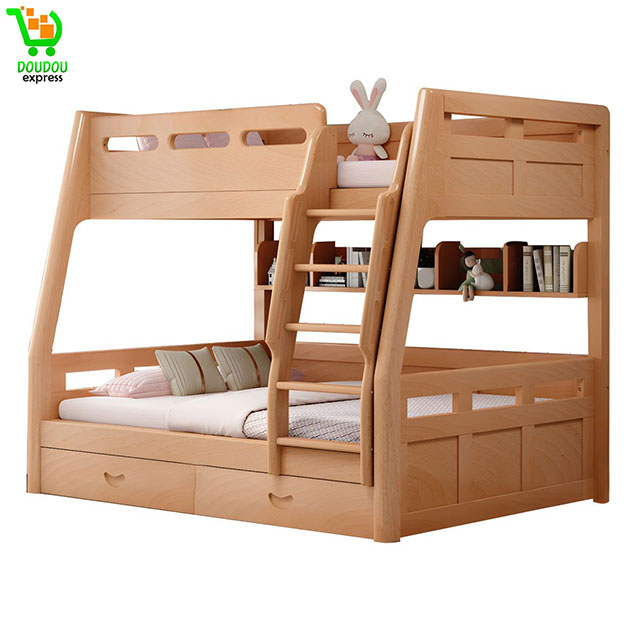 Lit enfant en bois massif naturel Lit superposé avec garde-corps et matelas - Lit Enfant avec Bibliothèque Non l 120 x L 190 cm – Image 3