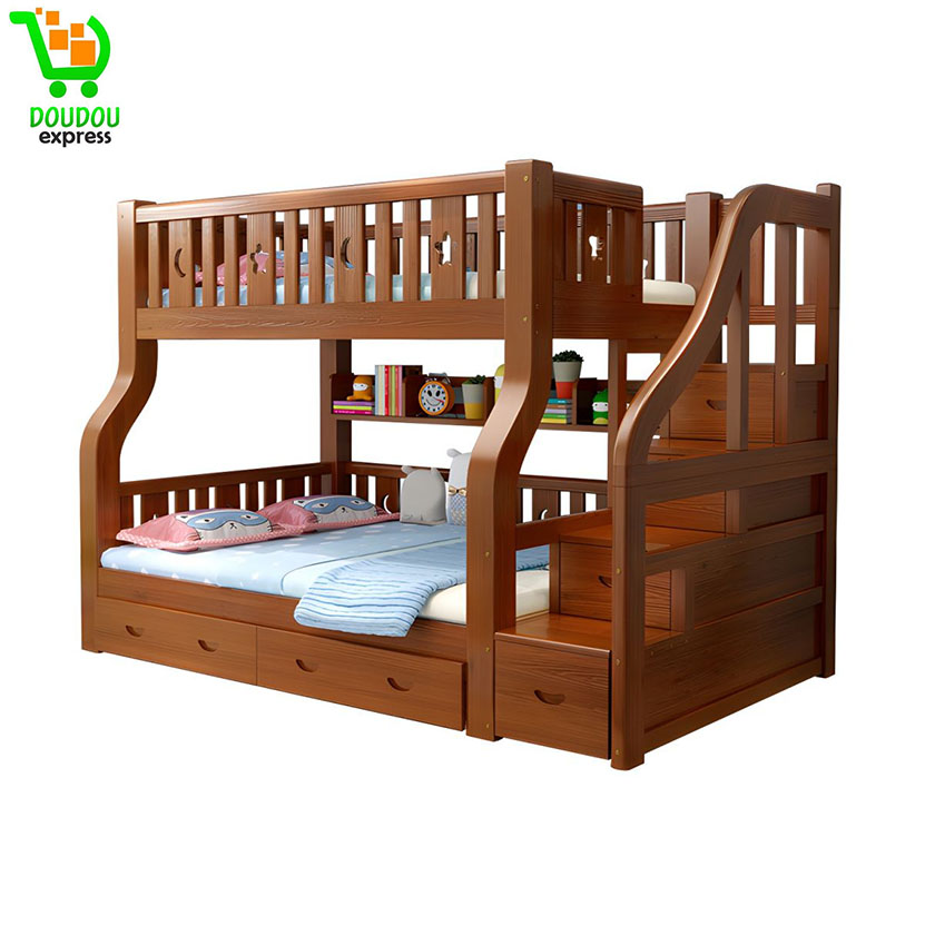 Lit superposé standard en bois massif pour enfants neutres avec tiroirs et matelas - l 150 x L 200 cm Lits Supérieur&Tiroirs&Matelas&Bibliothèque&Armoires à Échelle – Image 2