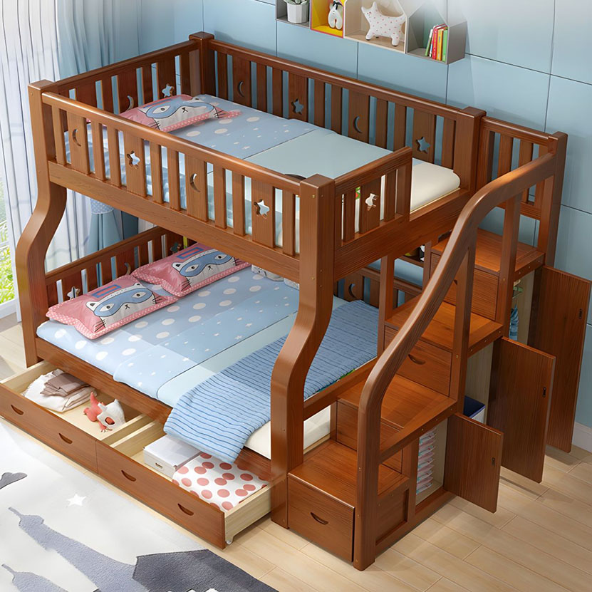 Lit superposé standard en bois massif pour enfants neutres avec tiroirs et matelas - l 150 x L 200 cm Lits Supérieur&Tiroirs&Matelas&Bibliothèque&Armoires à Échelle – Image 4
