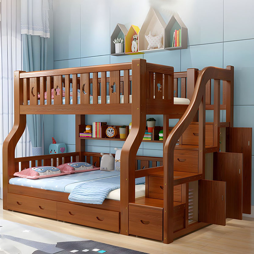 Lit superposé standard en bois massif pour enfants neutres avec tiroirs et matelas - l 150 x L 200 cm Lits Supérieur&Tiroirs&Matelas&Bibliothèque&Armoires à Échelle